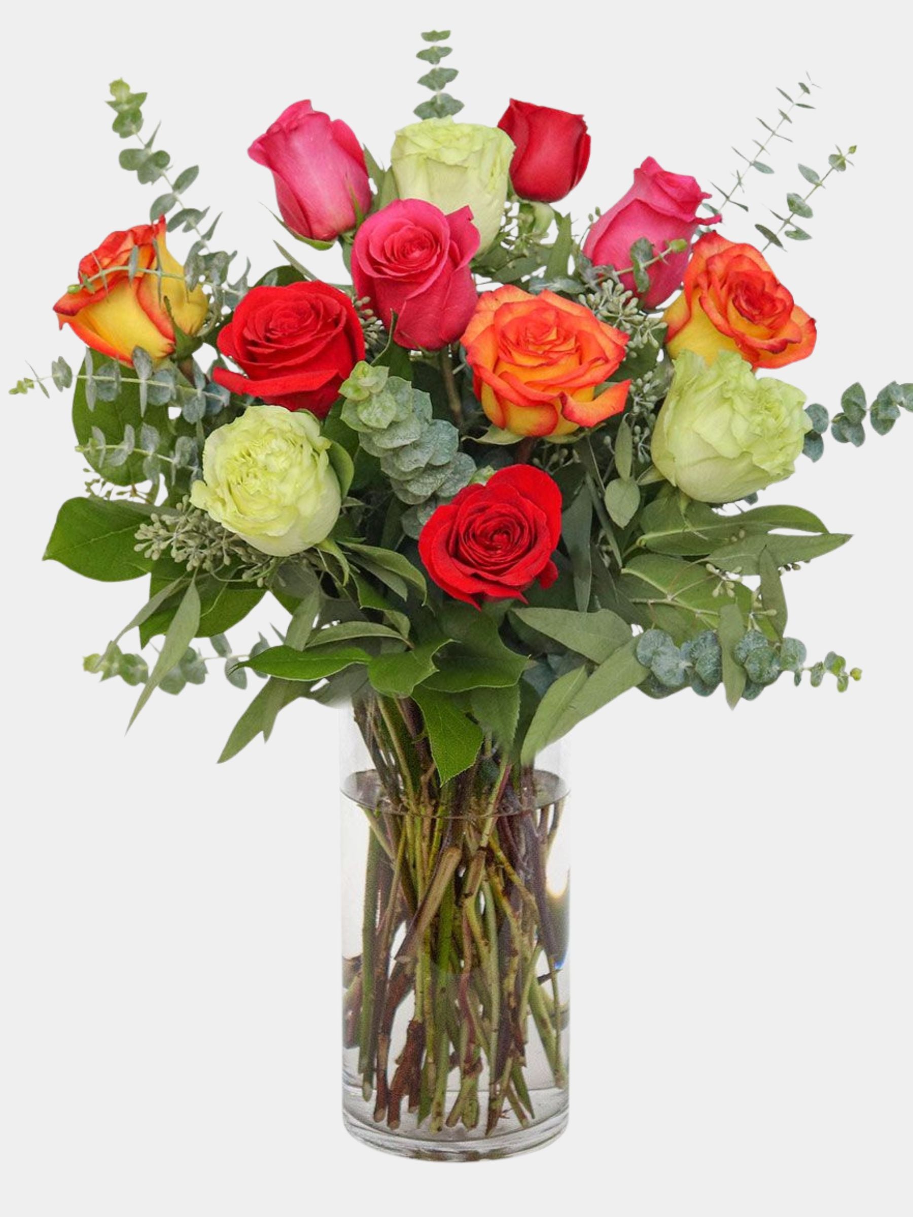 Classic 12 Multi Colour Roses in a Vase